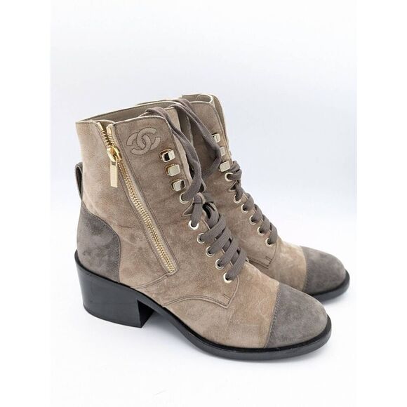 Chanel Lace up suade taupe combat boots 37.5 - Picture 1 of 9